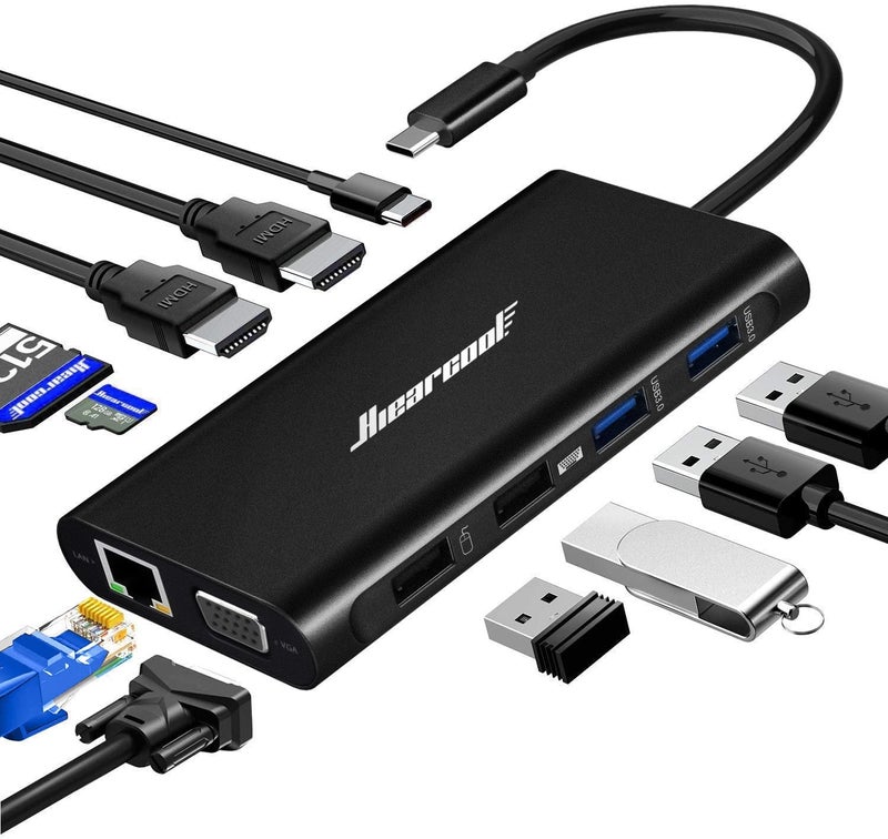 Hiearcool USB C Laptop Docking Station, 11-in-1 Type C Hub Multiport Adapter Dongle, USB C Dock with Dual HDMI VGA 100W PD Charging Gigabit Ethernet for Dell HP Lenovo Windows Laptops - Image 1